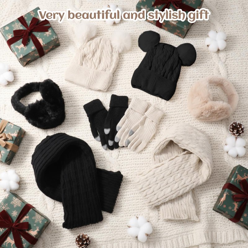 Suhine 8 Pcs Hat Scarf Ear Muff and Gloves Snowboarding Set for Women Winter Knit Beanie Pompom Hat Warm Touch Screen Gloves for Women Men Adult