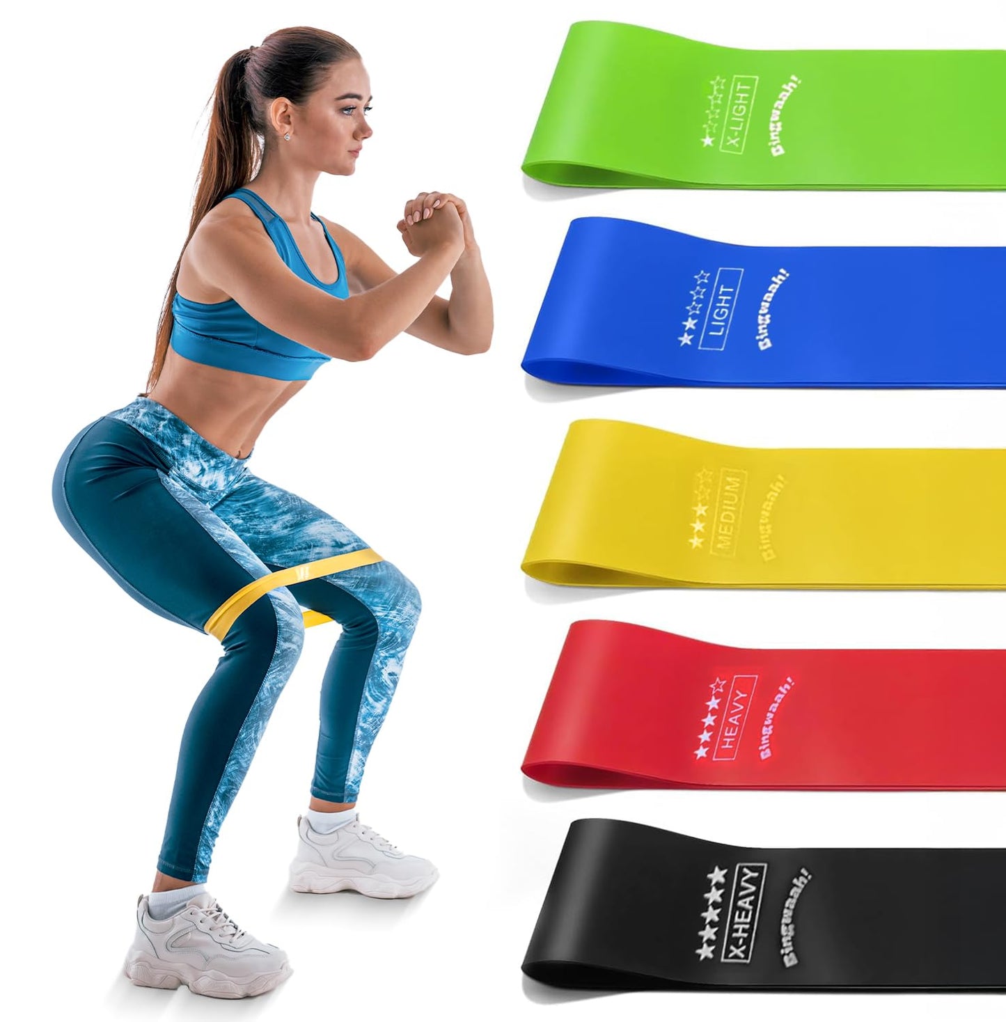 Bingwaah Loop Resistance Bands for Exercise - Set of 5 Elastic Bands for Strength Training & Rehab. Portable & Durable Resistance Bands for Home, Gym & Outdoors with Instruction Guide