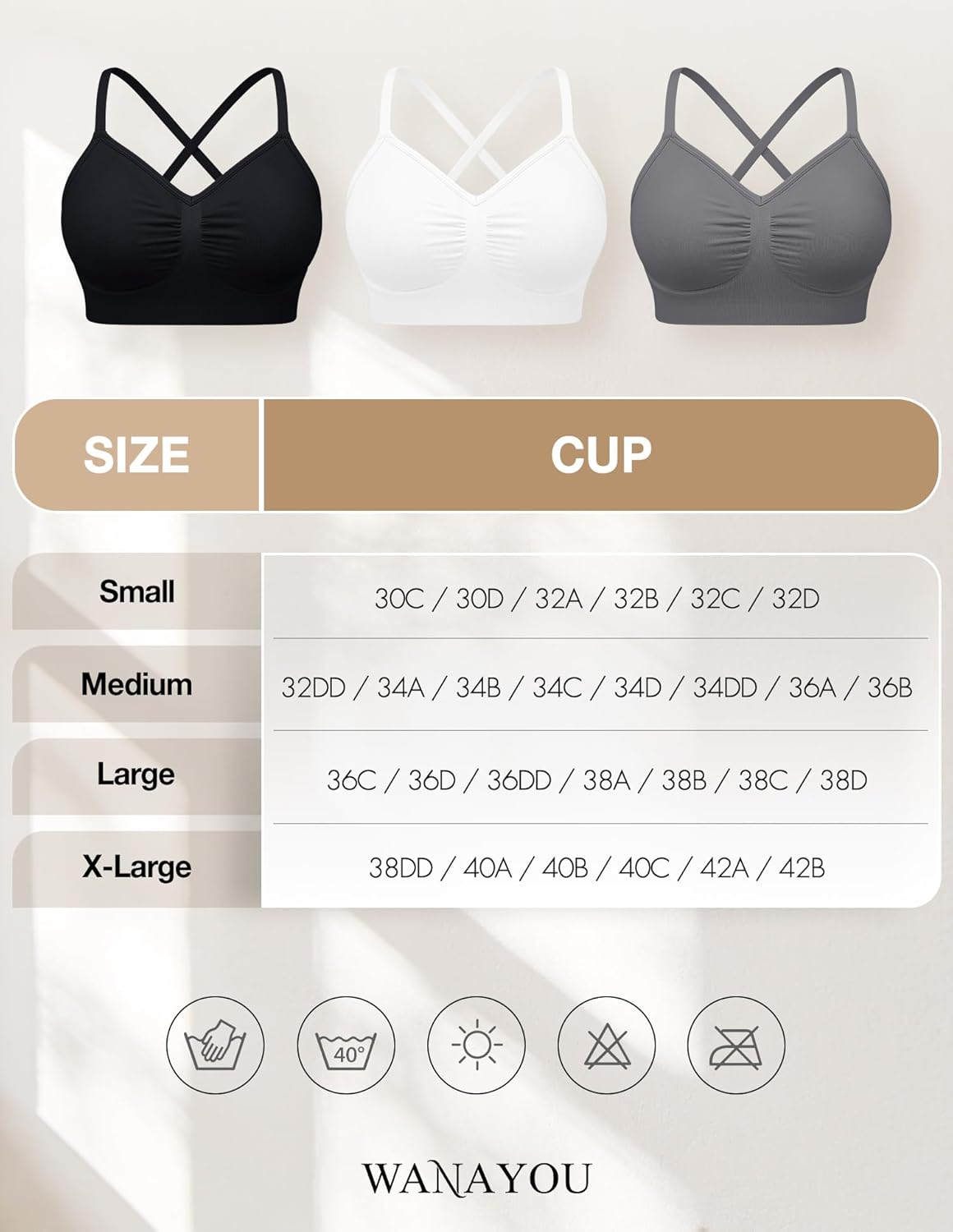 WANAYOU Wireless Bralettes for Women - Comfortable No Underwire Push-Up Everyday Bra