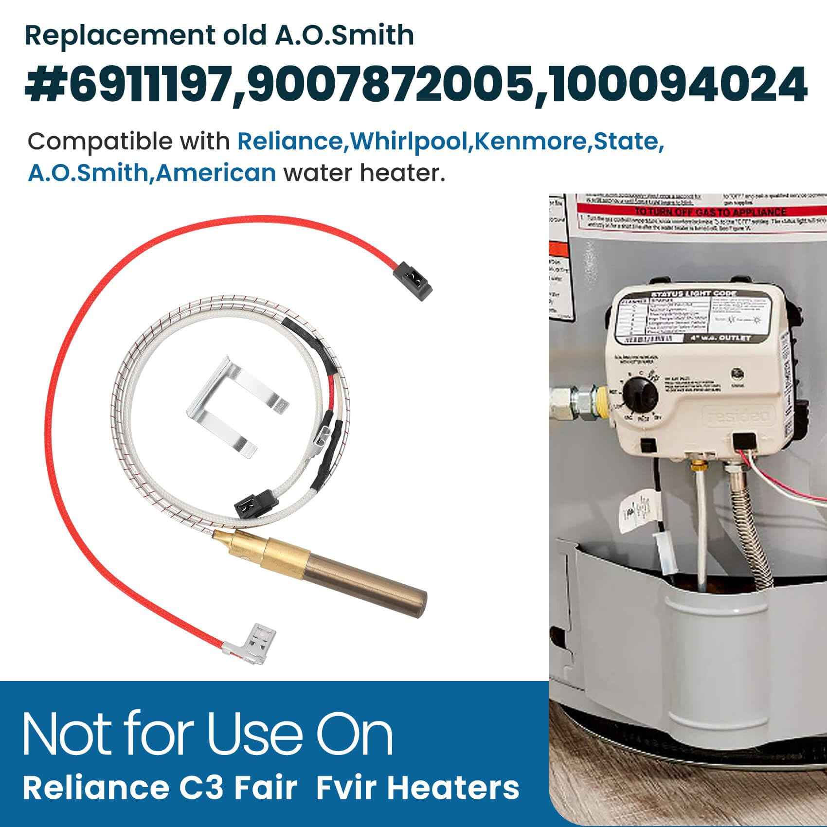 21" 100112328 Thermopile for Water Heater, 750 Mini-Volt Thermocouple Compatible with Reliance, Whirlpool, A.O.Smith, Kenmore, American Water Heater, Replace Model 6911197, 9007872005, 100094024, etc.