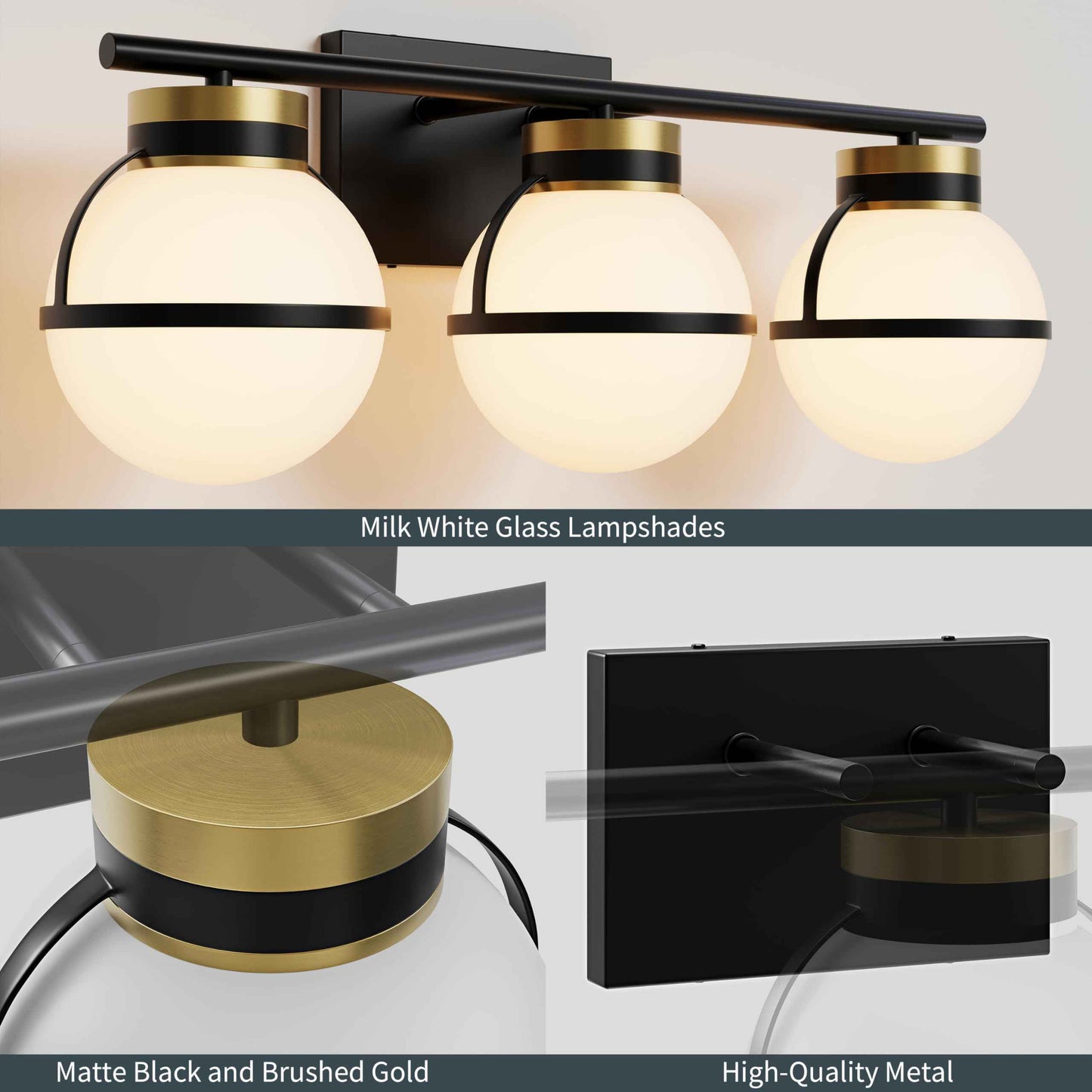 Soraglitium Black Gold Vanity Lights - ETL Certified 4 Light Mid Centery Modern Bathroom Sconces with Milk White Glass Shades (Exclude E26 Bulb)