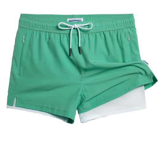 maamgic Mens Swim Trunks with Compression Liner Short Stretch Mens Bathing Suit Quick Dry Swimming Trunks Swimsuit Green Medium