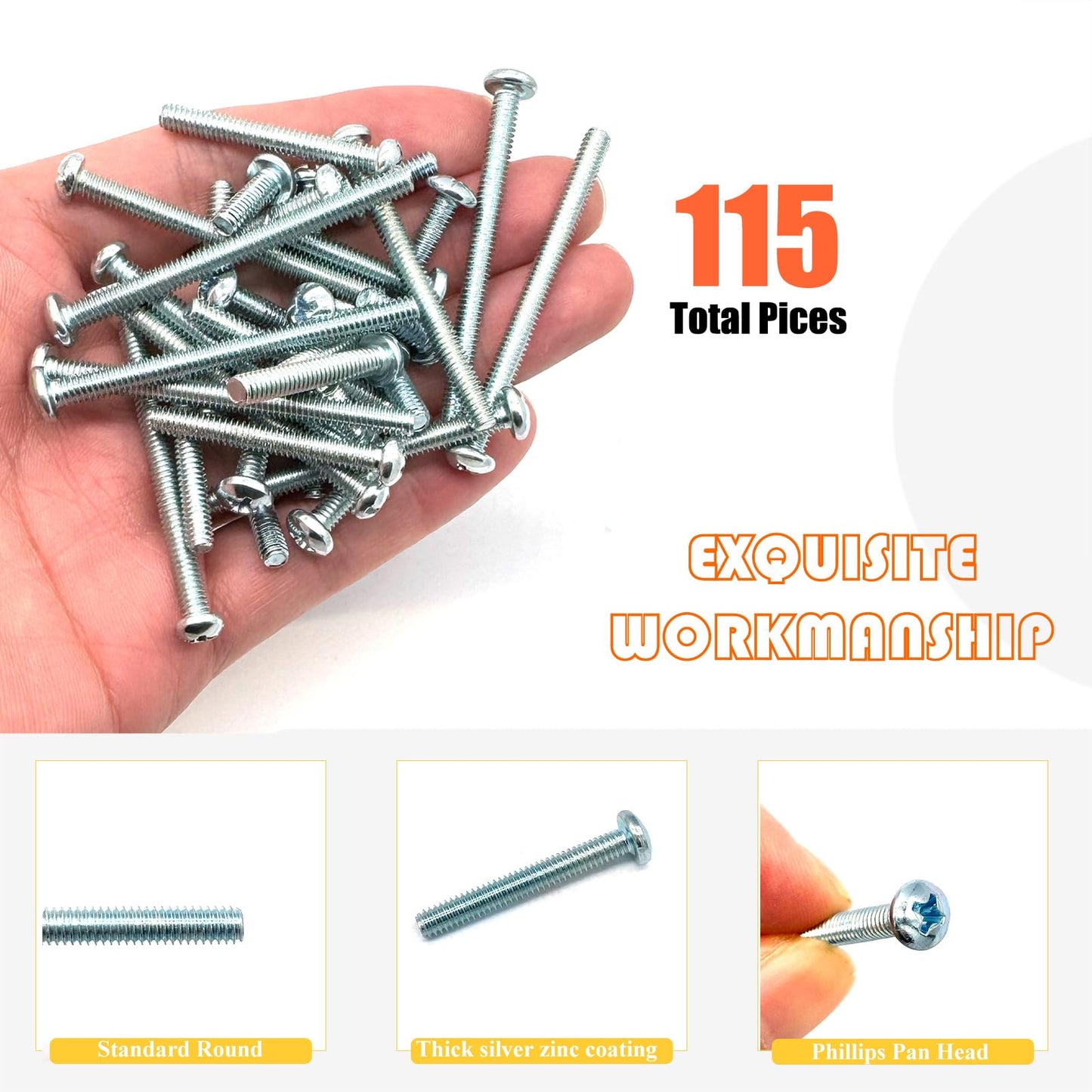 115 Pcs 5 Sizes #8-32 Machine Screws Knob Cabinet Screws Electricians Screws, Carbon Steel Zinc-Plated Phillips Pan Head Machine Screws Assortment Kit