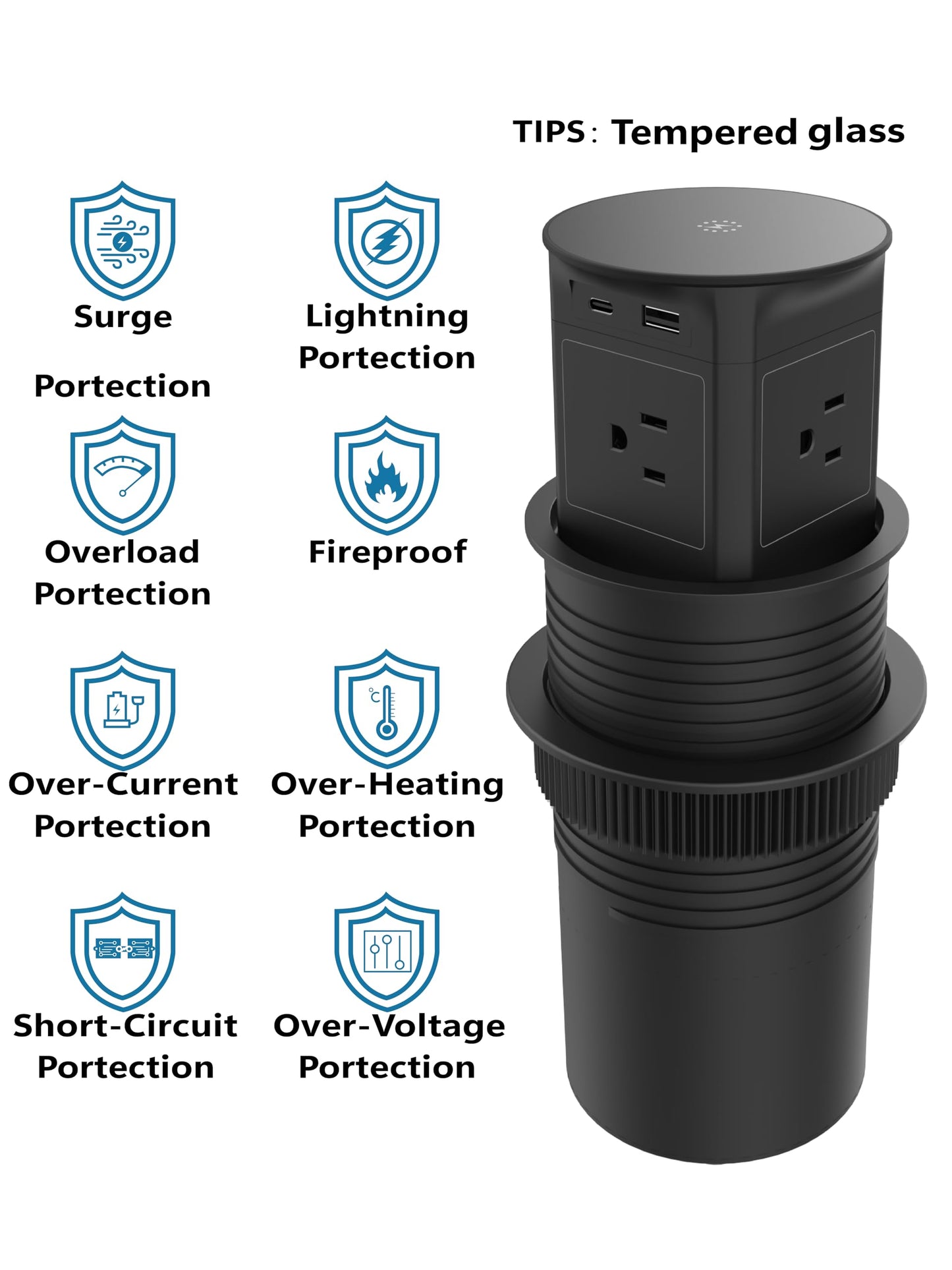 Pop up Outlet for Countertop with 15W Wireless Charger,4 Outlets 1 PD20W USB-C Ports,1QC18W USB-A,3.94 inch Desk Hole Power Grommet,Pop Up Power Outlet for Kitchen Countertop,Office Desktop (Black)