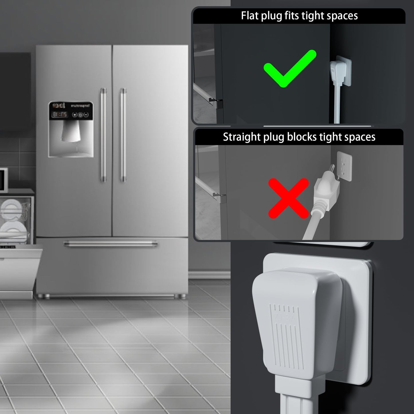 Adoreen 14/3 Gauge Flat Appliance Power Extension Cord 7 Ft White, 3 Prong Flat Plug Low Profile Grounded Wire Cable, SPT-3, 15A 125V for Air Conditioner, Refrigerator &All Major AC Units-ETL