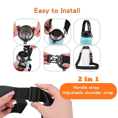 2 in 1 New Water Bottle Handle Shoulder Strap For Wide Mouth Hydro Bottle 12oz to 64oz, Woven Fabric Paracord Handle Strap Carrier Sling Shoulder Strap with Safety Ring and Carabiner (Art Print Blue)