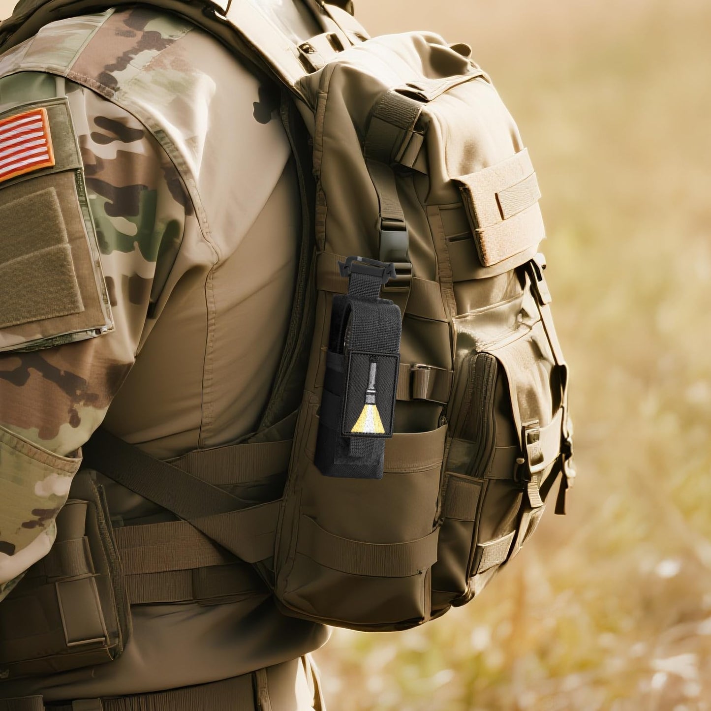 Tactical Flashlight Holster, Adjustable Flashlight Pouch Holder Molle Torch Carry Case for Duty Belt Backpack Vest Include Flashlight Patch & USA Flag Patch (Black-Nylon Strap with snap)