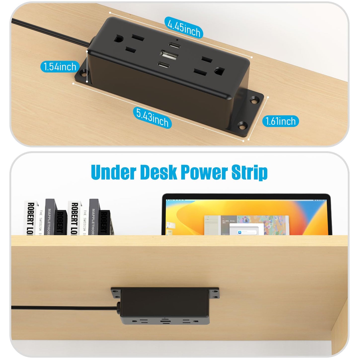 CCCEI Wall Mount Power Strip with USB Ports, Under Desk Mountable Power Strip with Outlets, 6FT Flat Plug Extension Cord Outlet, 20W USB-C Ports.