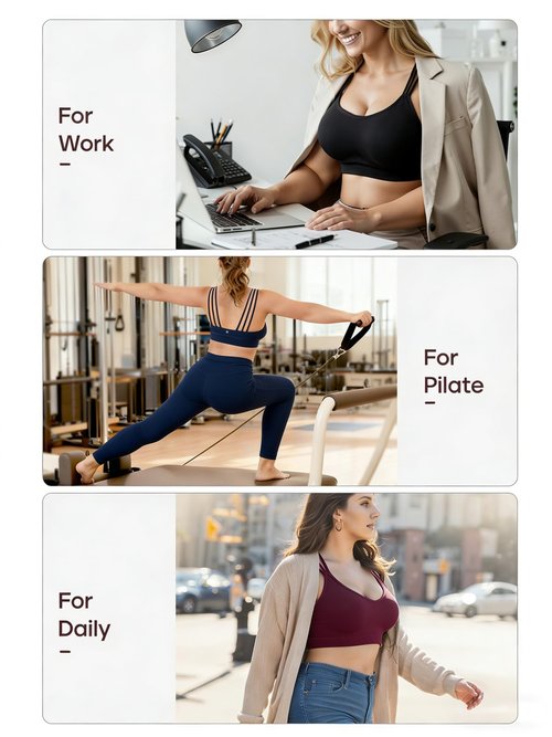 FITTIN Padded Sports Bra for Women: Strappy Seamless Zero-Friction Yoga Bra for Pilates Lounge - 3-Straps 30% Less Pressure Ultra Comfortable Support for Large Bust Casual Woman