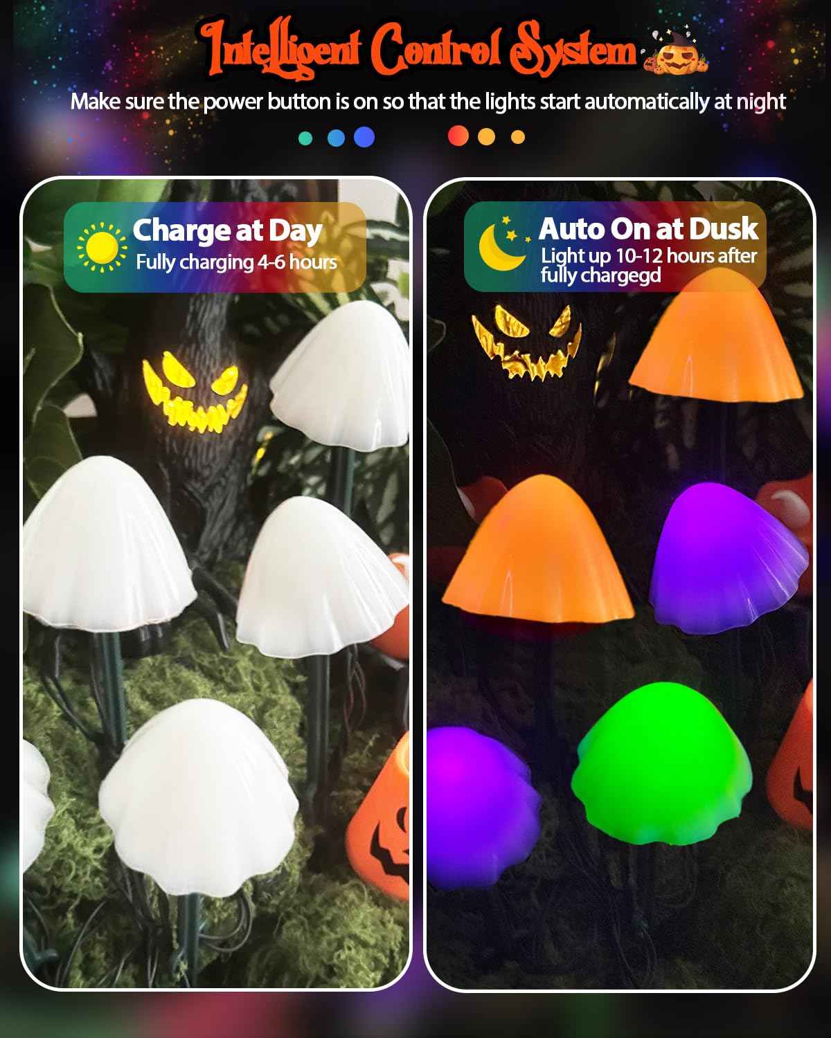 OZS 2PK 55FT 32LED Halloween Orange Purple and Green Solar Mushroom Lights Outdoor, Solar String Light with 8 Lighting Modes Auto On/Off, Halloween Garden Lights for Witch Decorations