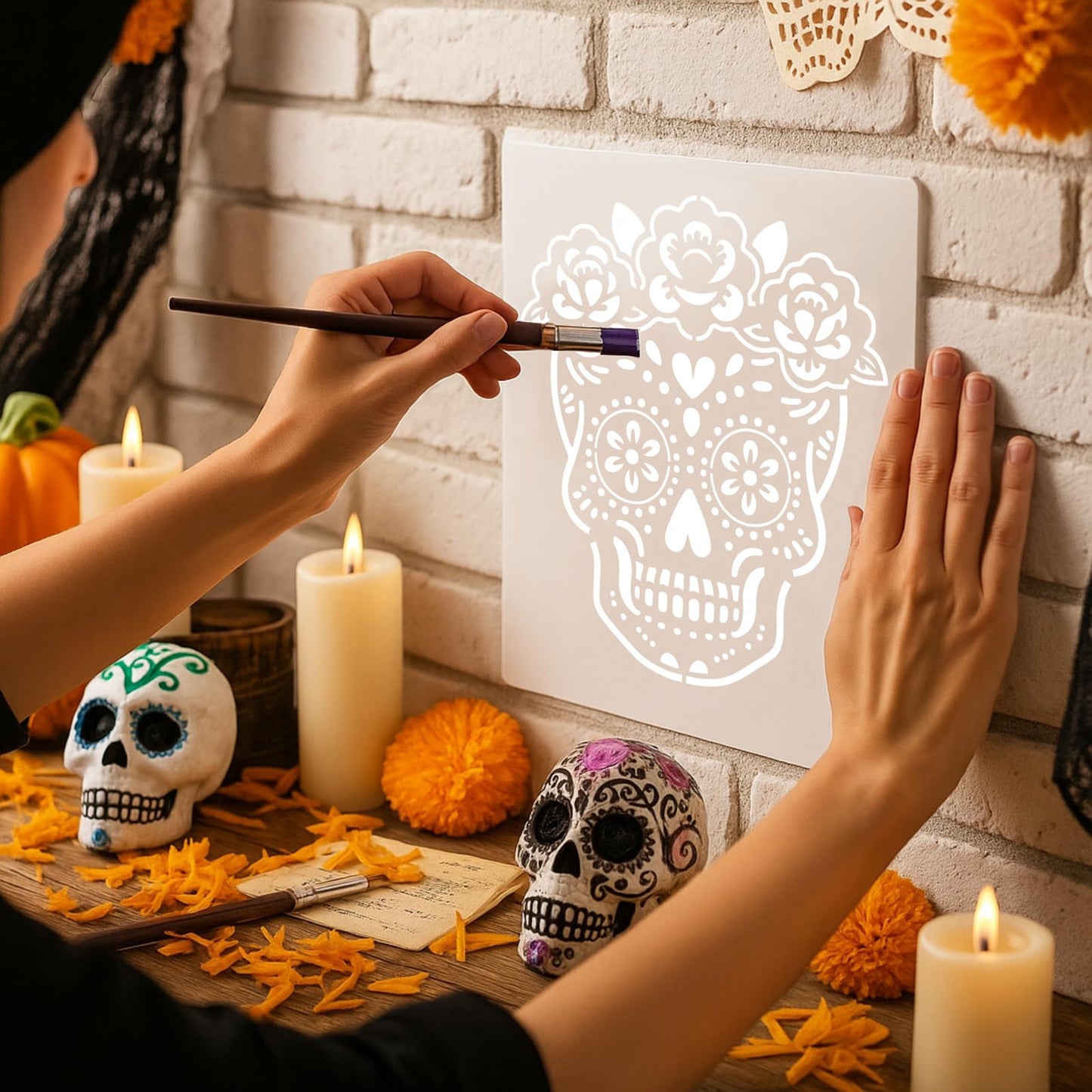 4pcs 12inch Sugar Skull Stencil Large Day of The Dead Painting Template Flower Pattern Skull Stencil Decoration for Holiday Halloween DIY Craft Wood Painting