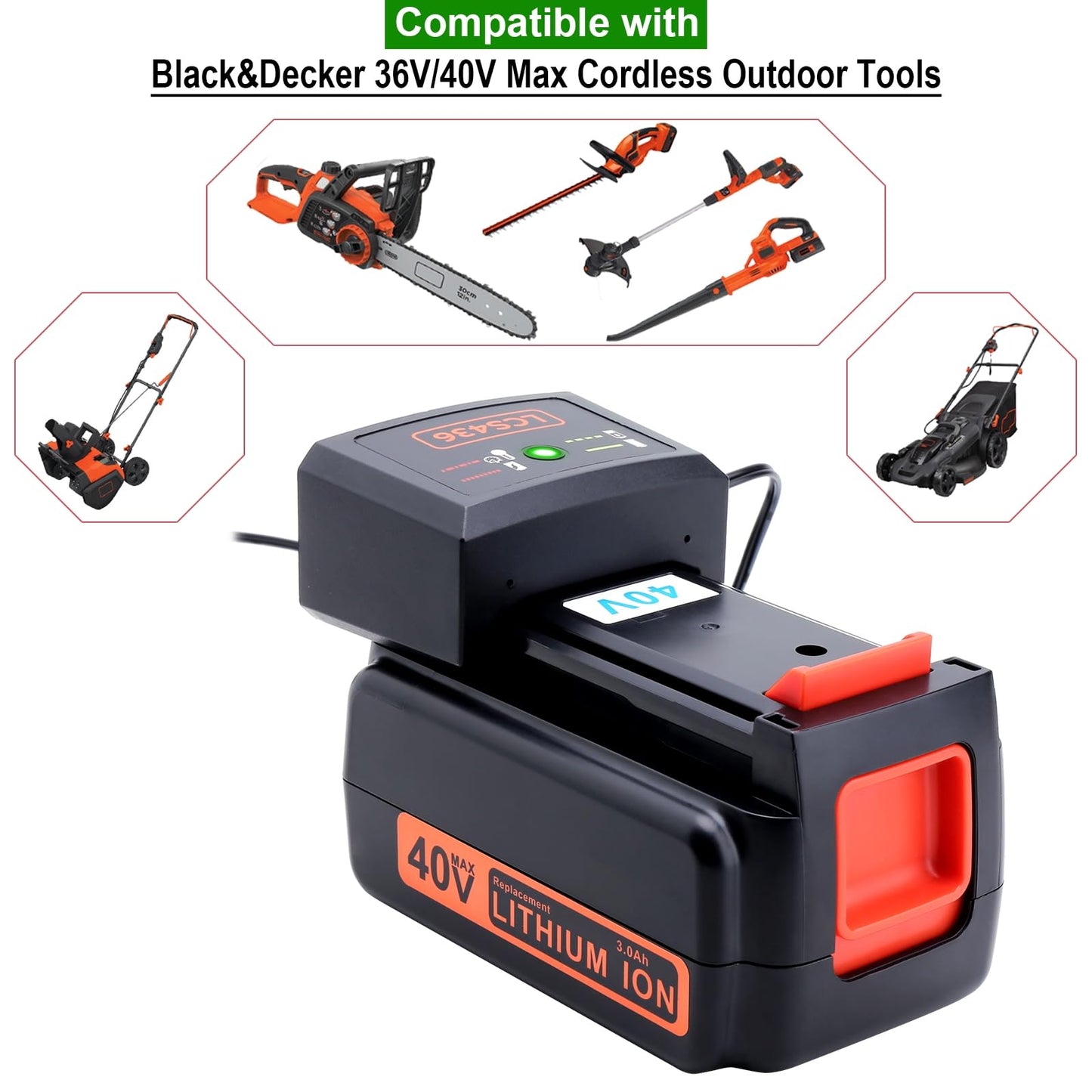 40 Volt Charger Compatible with Black & Decker 36V 40V MAX Battery LBXR36 LBXR2036 LBX1540 LBX2040 LBX2540, LCS436 Charger Compatible with Black and Decker 36V 40V Lithium Battery Charger LCS36 LCS40