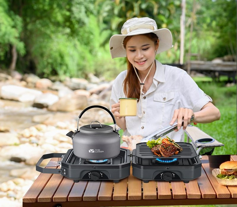 Nice C Camping Stove, Portable Camping Stove Propane, 2 Burner Propane Gas Stove, Mini Propane Grill, 16000 BTU Camp Stove with 2 Burner, Grill & Carry Bag for Camping
