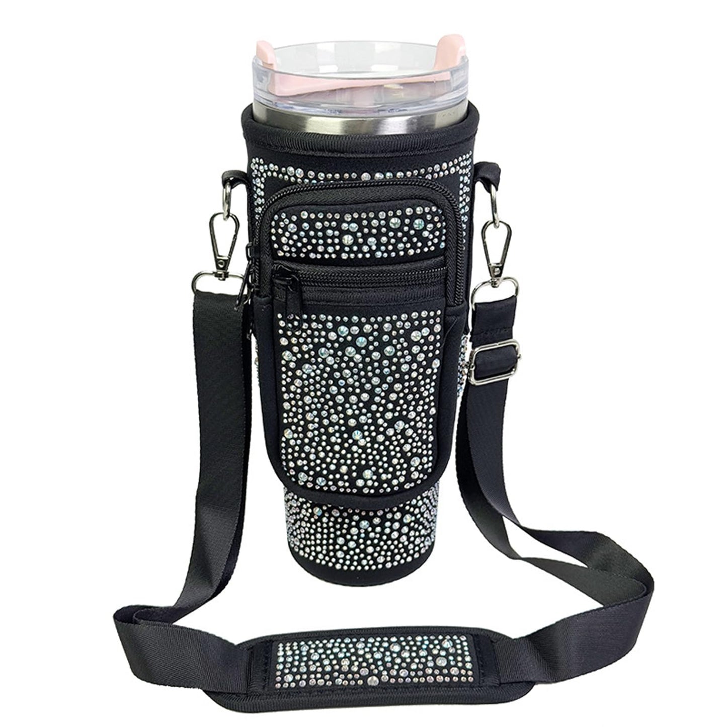Bling Water Bottle Holder with Adjustable Strap & Straw Cover for Stanley Cup 40 oz Tumbler with Handle, Water Bottle Carrier Bag with Phone Pocket & Carabiner for Stanley Cup Accessories (Black)