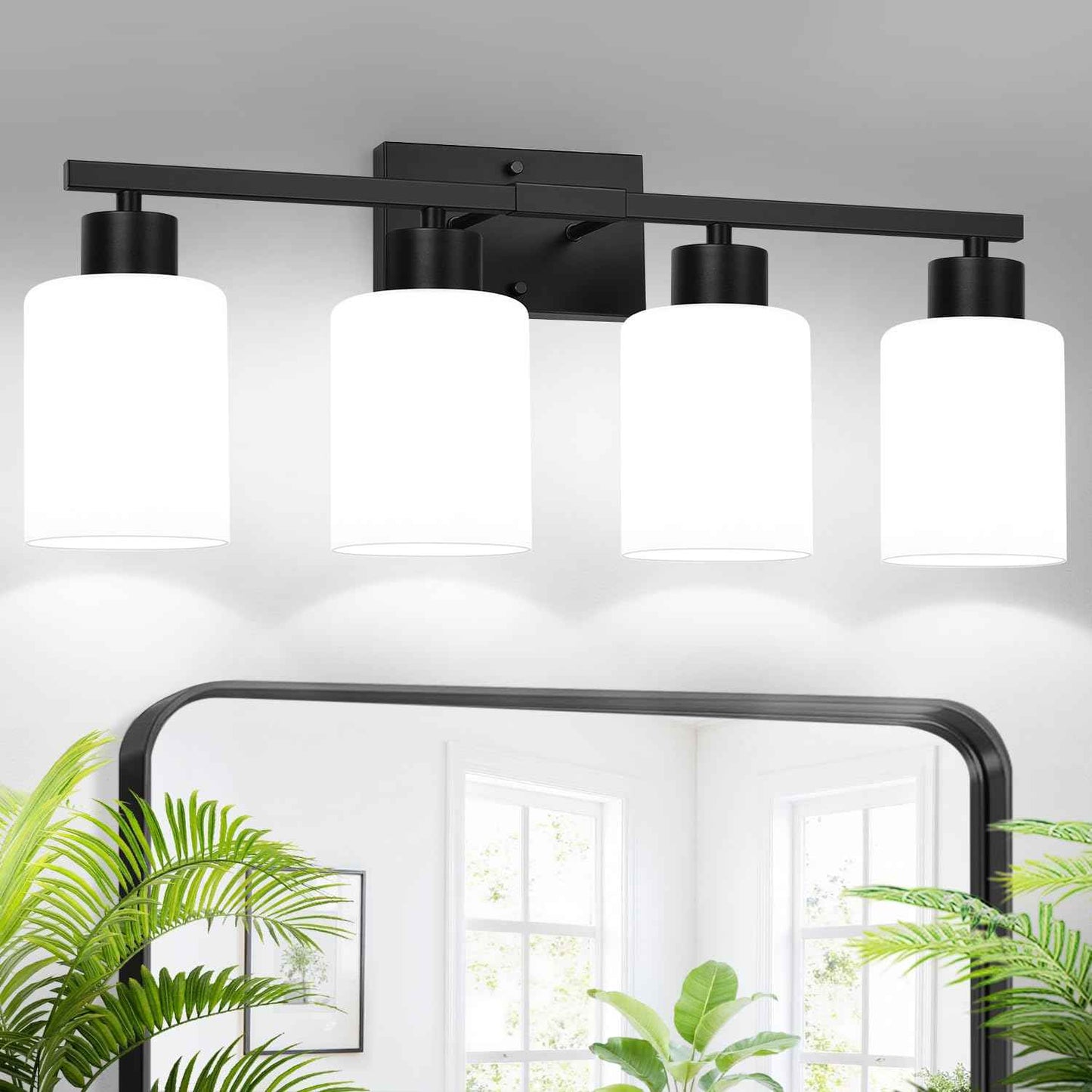 4-Light Bathroom Vanity Light Fixture, Matte Black Finish with Frosted Glass Shades, Modern Bathroom Light Fixtures for Mirror, Living Room, or Bedroom, E26 Socket