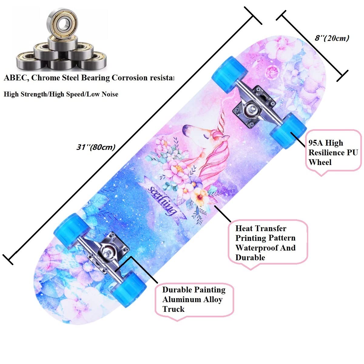 Skateboards for Beginners Kids Boys Girls and Adults,31''x8'', 7-Layer Maple, Double Kick Concave, Fascinating Cool, Solid&Durable