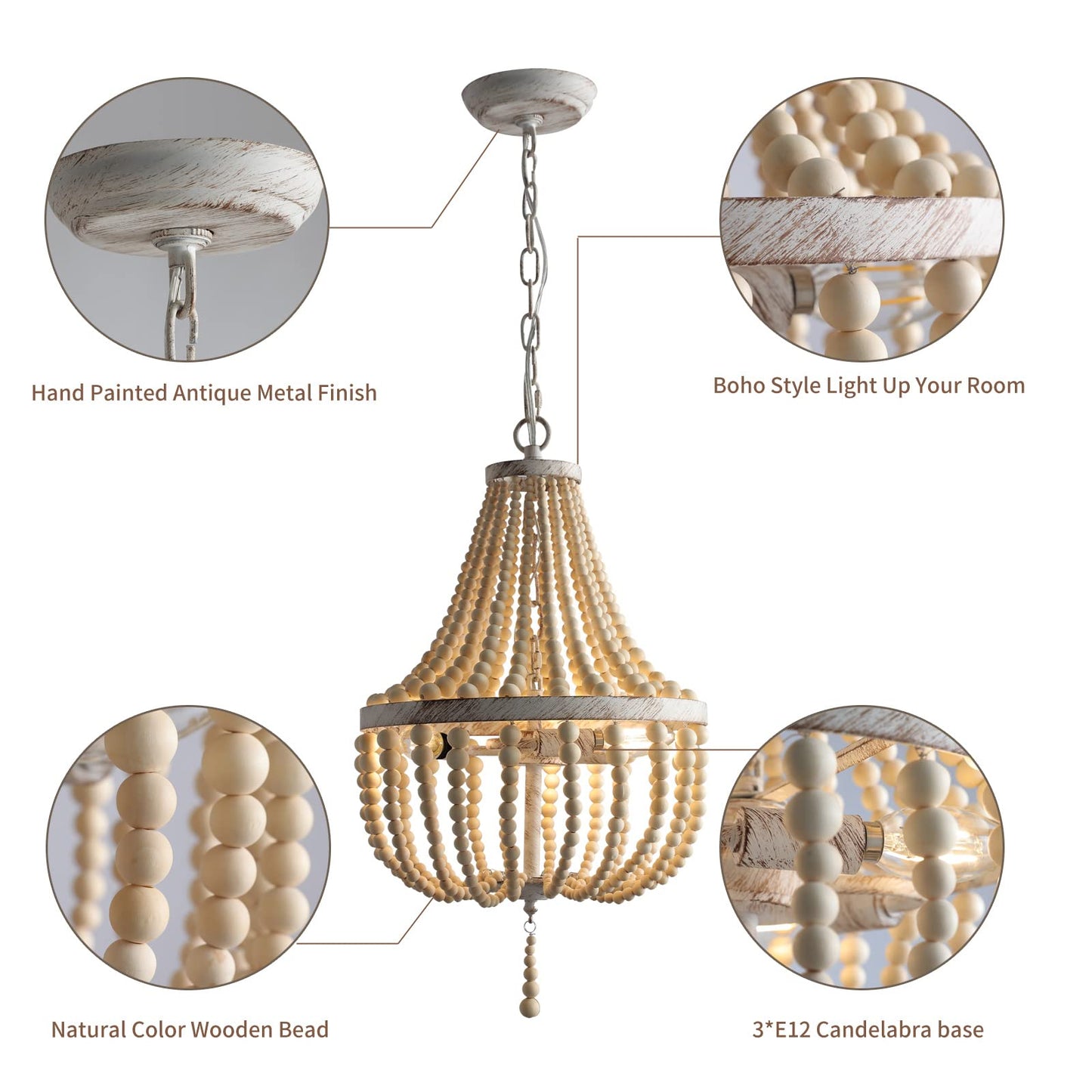 3-Light Mini Bohemian Wood Beaded Chandelier Pendant Boho Light Fixture,Antique Metal Finish Natural Color Wooden Beads, for Bathroom,Living Room,Entryway and Bedroom…