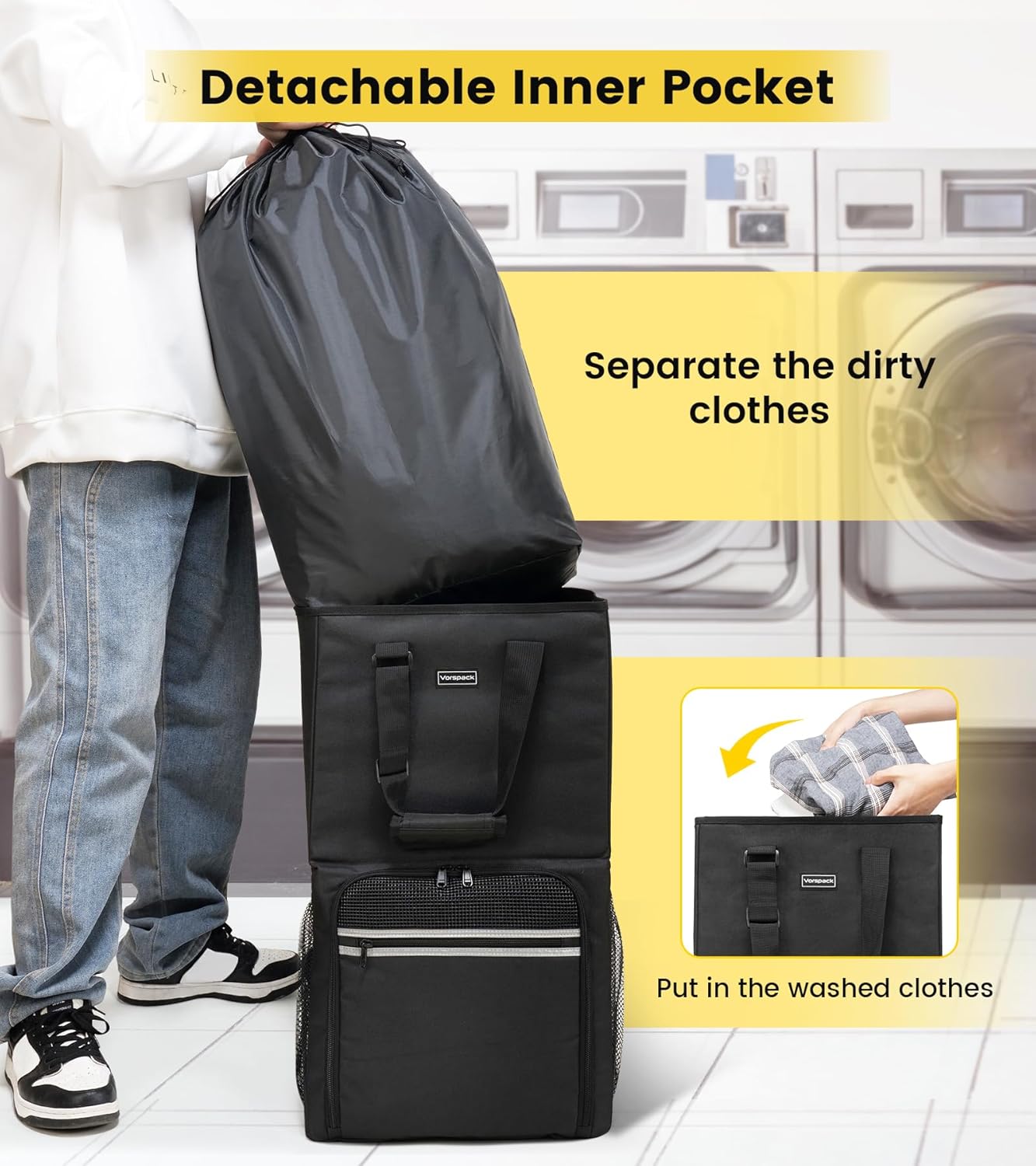 Vorspack Laundry Bag Backpack - Extra Large Heavy-Duty Hamper with Shoulder Straps | Ideal for College Dorms & Laundromats - Black