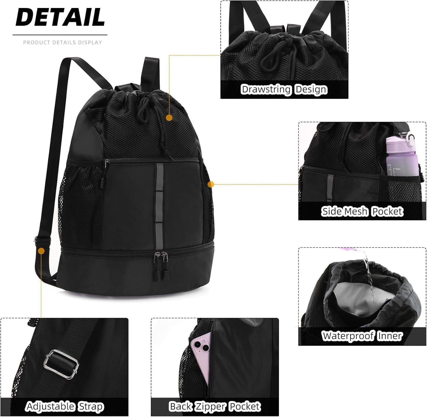 Valleycomfy Drawstring Gym Bag - Sports Backpack with Shoe Compartment & Reflective Strips | Black