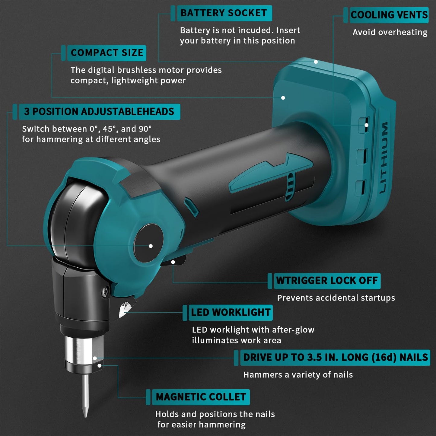 Palm Nailer Cordless Auto Hammer Compatible with Ma-kita 20V/18V Battery, Power Framing Nailer, 0-90° Adjustable Palm Nail Gun with Magnetic Tip for One-handed Use Tools on Joist Hangers (No Battery)