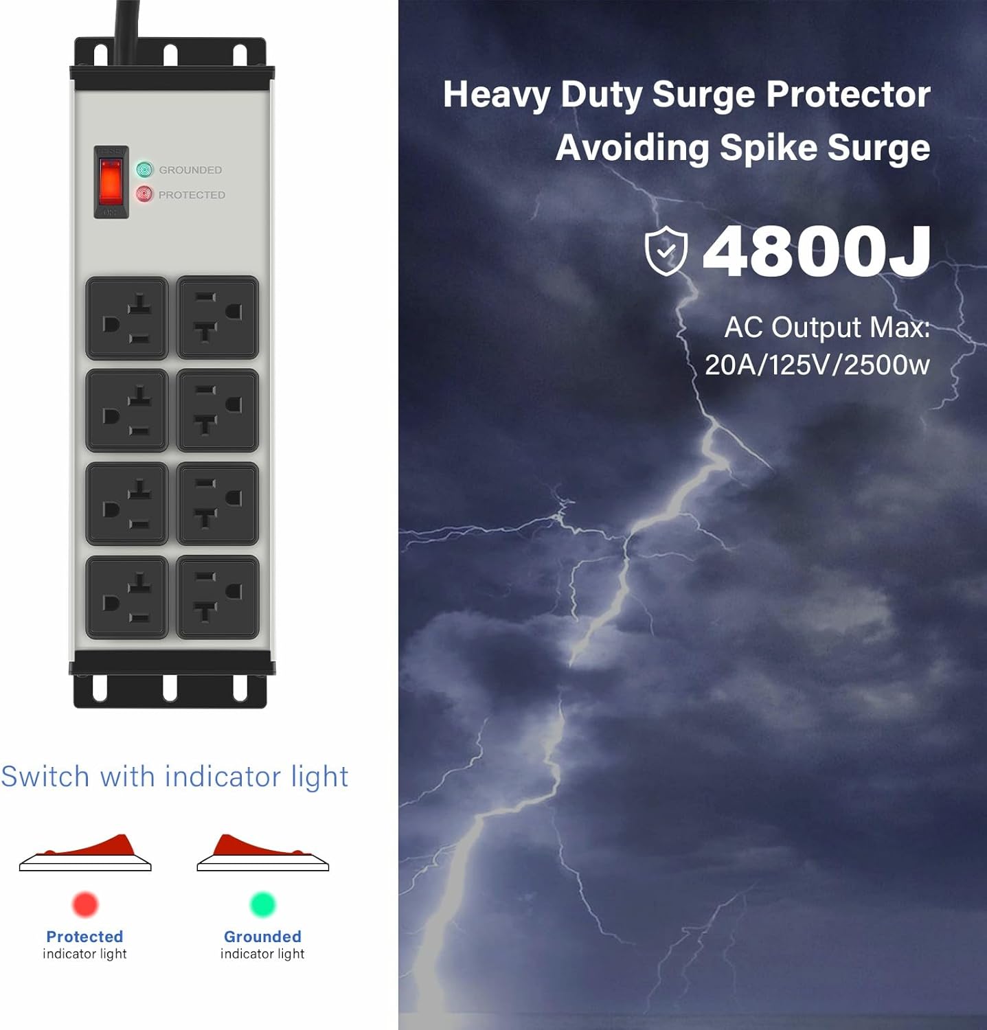 Heavy Duty 20 Amp Surge Protector Power Strip with 8 Outlets, 6FT Wall Mount - Yellow