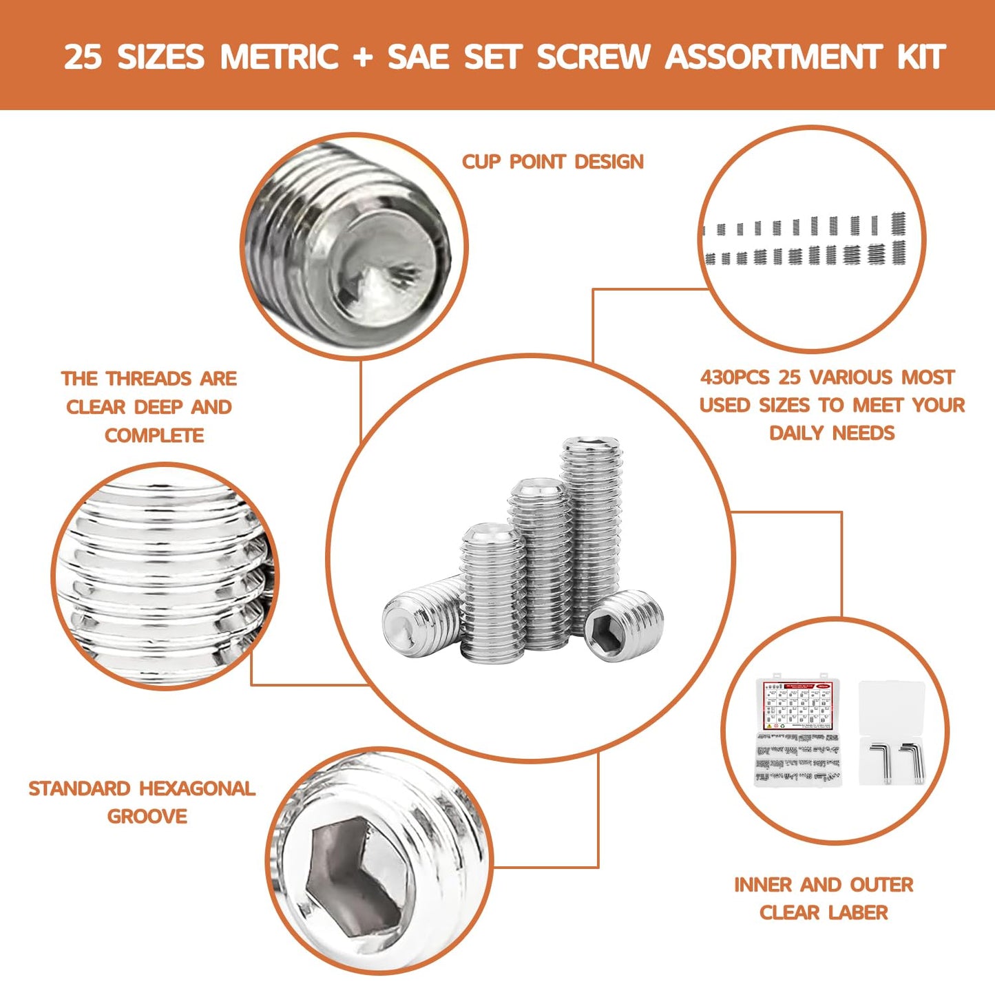 360 Pcs 25 Size Set Screw Assortment Kit Metric & SAE Allen Set Screws for Bathroom Fixture 304 Stainless Steel Internal Hex Drive Cup-Point for Door Knob, Faucets(M3-M8, 1/8"-40 to 5/16"-18)