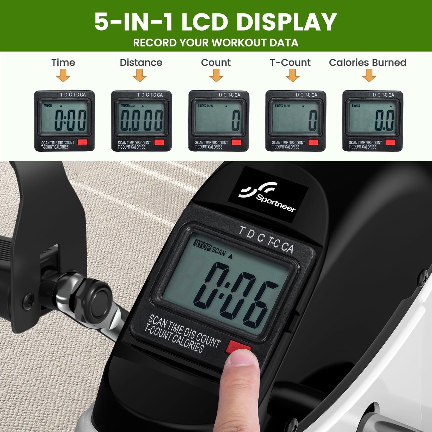 Sportneer Under Desk Bike Pedal Exerciser: Sportneer Mini Exercise Bike Portable Peddler Sitting for Seniors with LCD Display Arm & Leg Bike Pedals Exerciser with Anti-Skid Mat for Home Office (White)