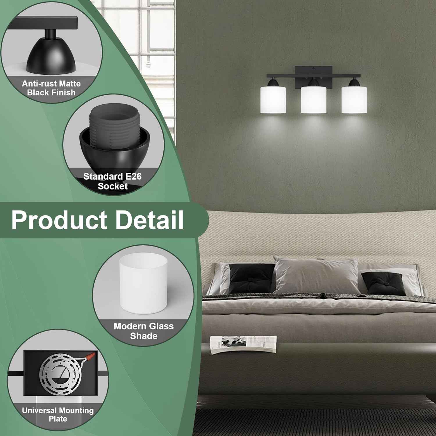 Modern 4-Light Bathroom Vanity Light Fixture - Anti-Rust Over Mirror Sconce with Milky White Glass Shades, E26 Base
