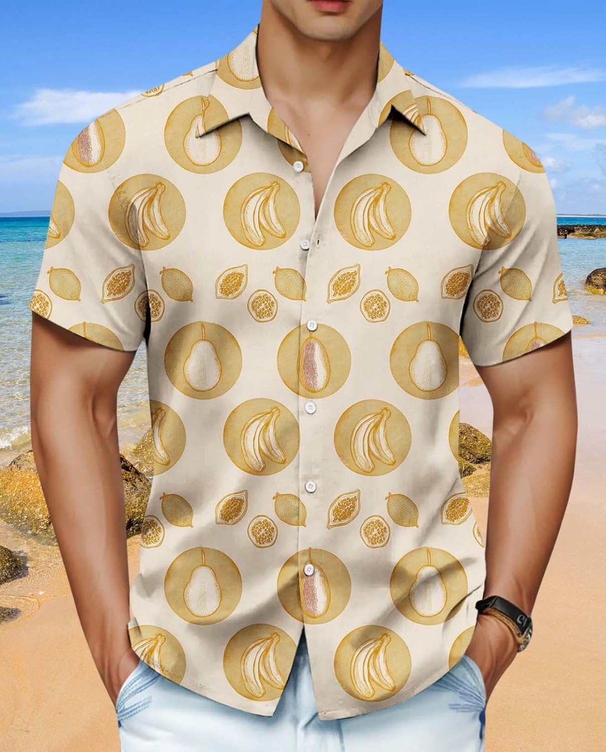 Skiennix Men's Hawaiian Shirt - Unique Fruit Print for Summer Vacation | Tropical Button-Up Tee