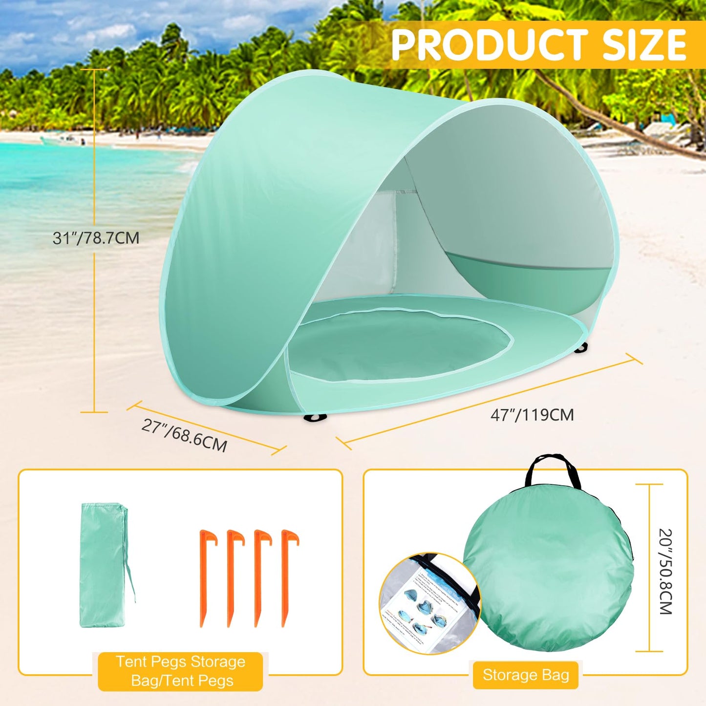 Kapeazo Baby Beach Tent with Pool, Portable UV Protection Sun Shelter for Infant, Pop Up Instant Beach Tent for Baby