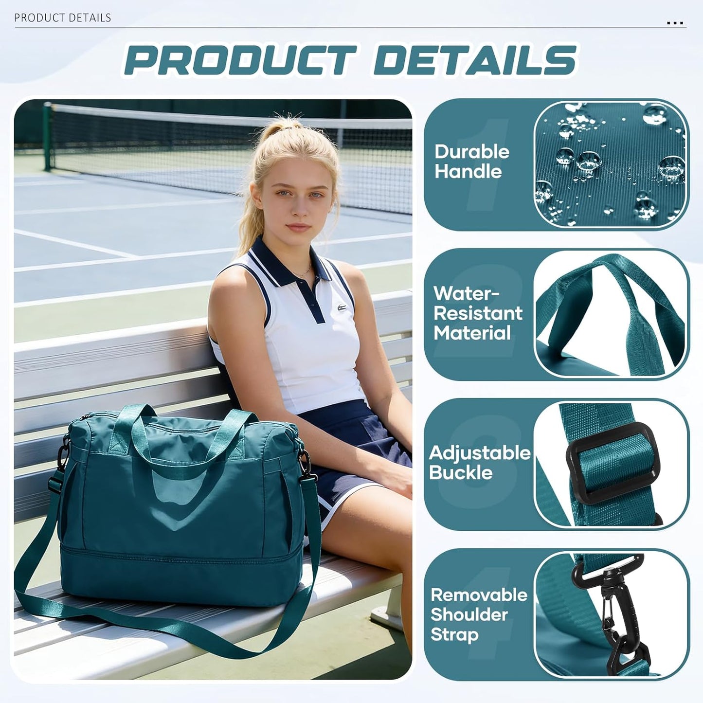 Skiennix Travel Duffel Bag - Large Waterproof Weekender with Shoe Compartment & Trolley Sleeve - Peacock Blue