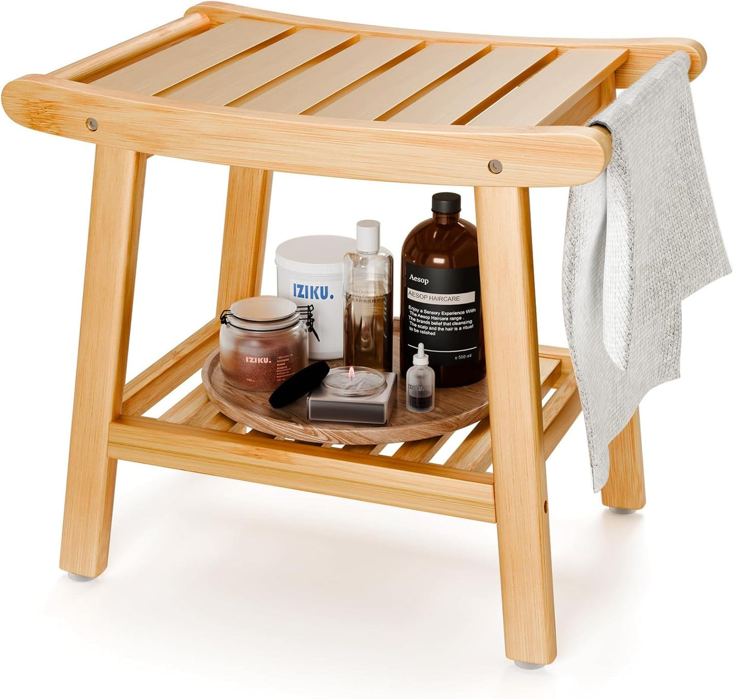Bamboo Shower Bench with Storage Shelf - Waterproof Spa Stool for Seniors & Disabled