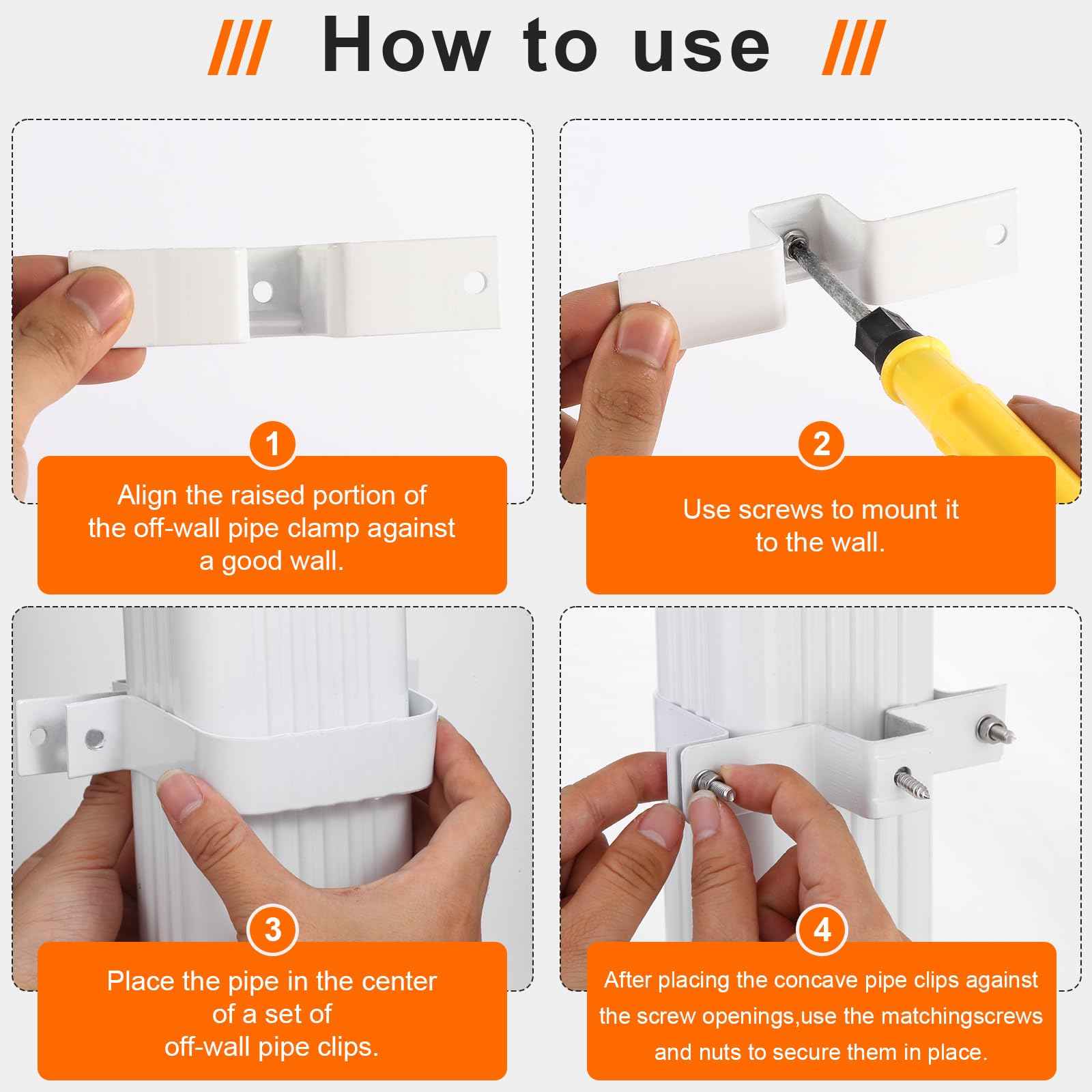 6-Pack Downspout Straps 3x4 & Wall Brackets, White Downspout Fasteners Set with Hardware for Secure Installation