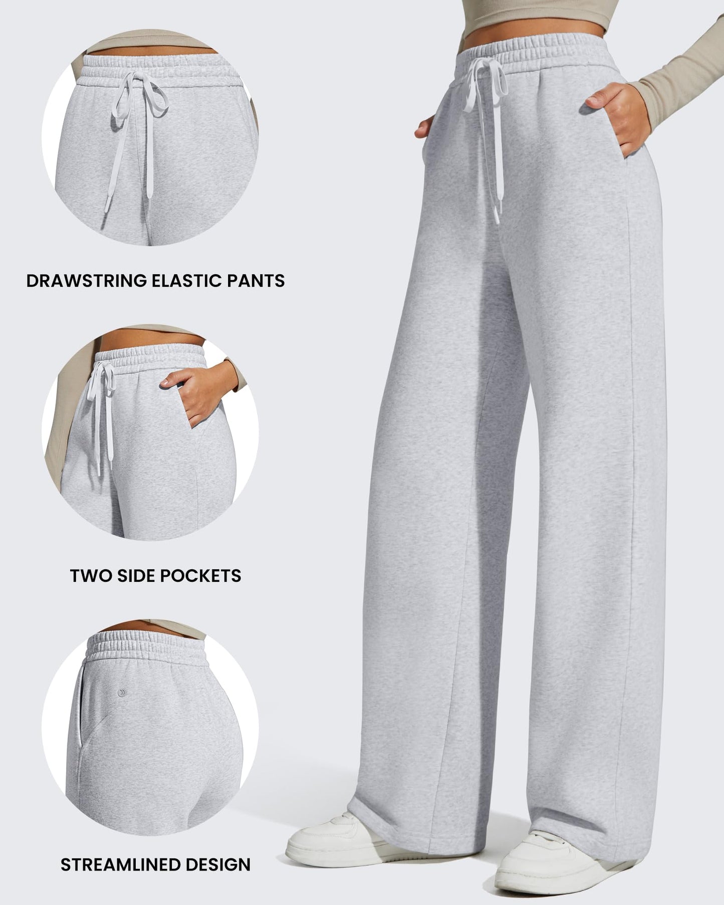 G4Free Fleece Lined Pants Women Comfy Cotton Wide Leg Pants Gray Sweatpants Baggy Elastic Waist Pants Winter Clothing (Light Heather,S,29'')