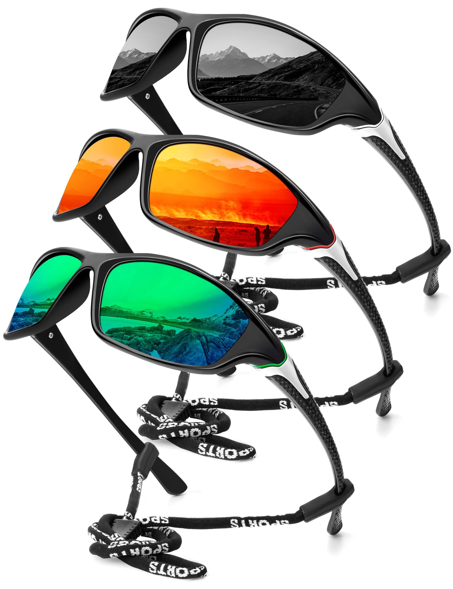 KALIYADI Sports Polarized Sunglasses Men UV400 Protection for Fishing Driving Cycling, Black/Green/Red, 3 Pack