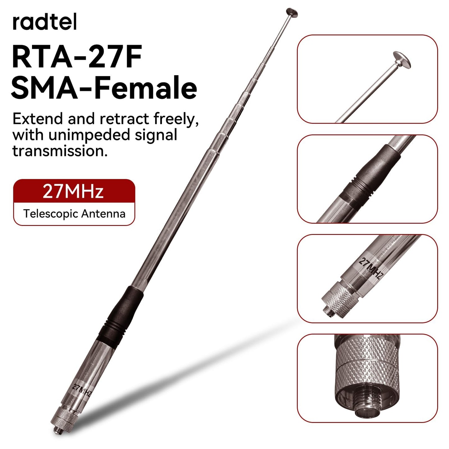 Radtel RTA-27B Telescopic 27MHz CB Antenna SMA-Female Connector for Radtel RT-860 RT-880 RT-880G UV-98 Plus RT-920 RT-950 RT-950 PRO BJ-7800 BJ-9000 Handheld Radio