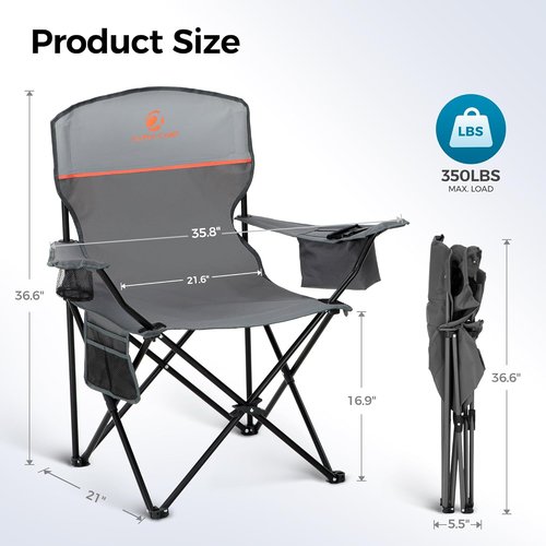 ALPHA CAMP Heavy Duty Camping Chairs - 350LBS Capacity with Cooler Bag & Cup Holder | Portable Black 2PC Set