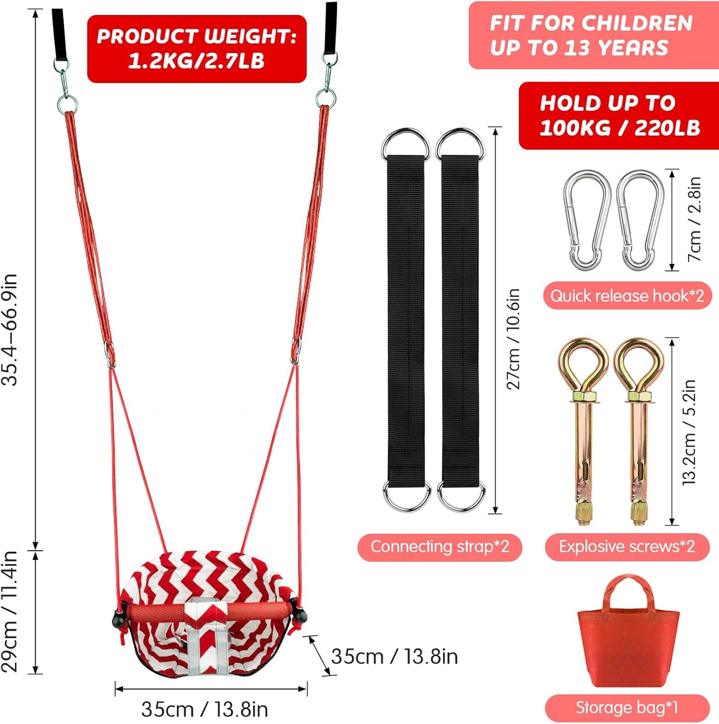 Skiennix Toddler Swing - Comfy Indoor/Outdoor Kids Swing Seat with Safety Harness & Quick Lock System (Red)