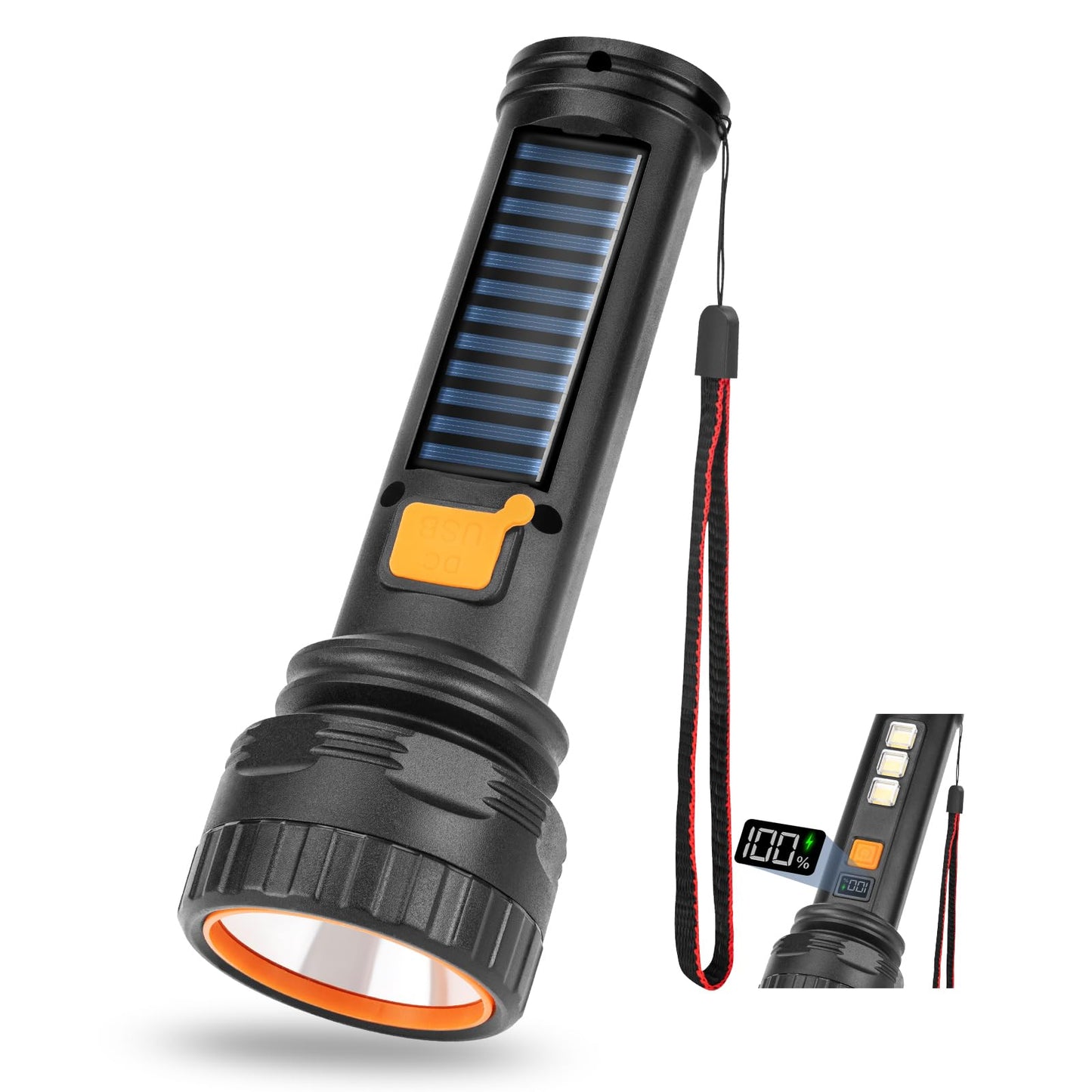 Solar Flashlights, 1500 Lumens Led Solar Powered Flashlights with Digital Display 2000mAh Battery Rechargeable Handheld Flashlights IP65 Waterproof Flashlights for Survival Emergencies, 1 Pack