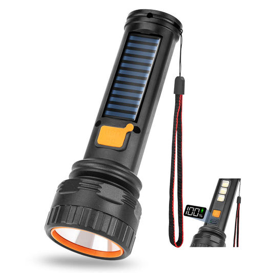 Solar Flashlights, 1500 Lumens Led Solar Powered Flashlights with Digital Display 2000mAh Battery Rechargeable Handheld Flashlights IP65 Waterproof Flashlights for Survival Emergencies, 1 Pack
