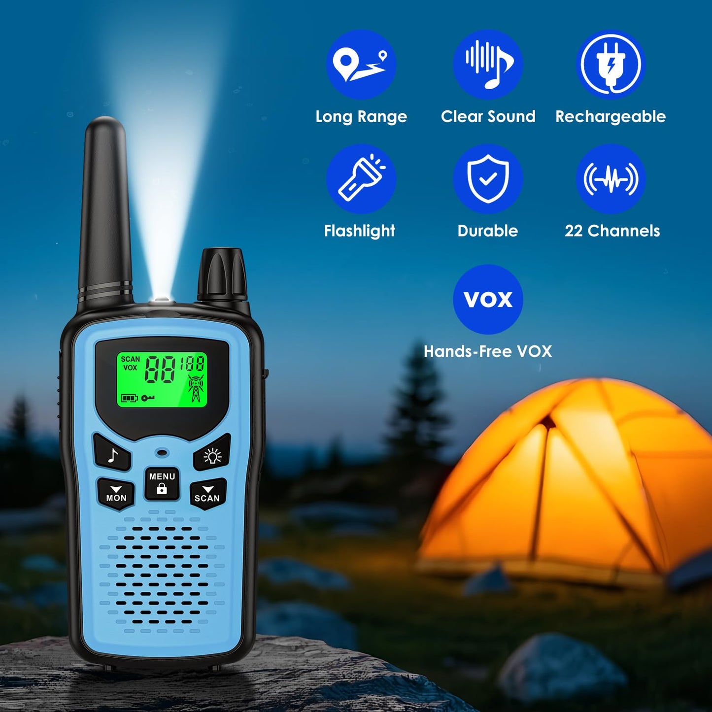 Walkie Talkies for Adults Long Range,Rechargeable Walkie Talkies with 22 FRS Channels,Two Way Radios with LED Flashlight for Hiking Cruises Camping,4 Pack