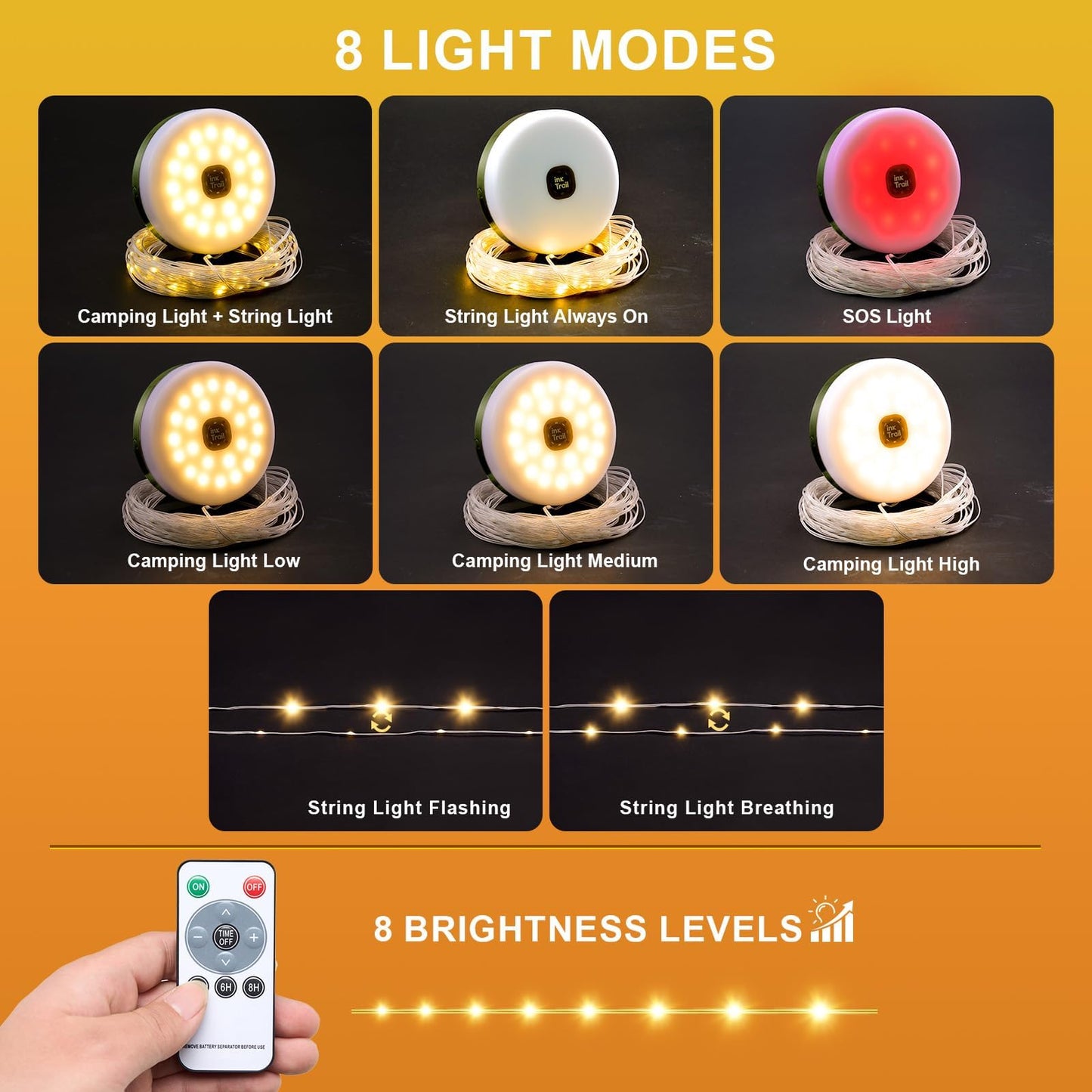 Solar Camping String Lights, Retractable Waterproof 33FT LED Camp Light with 8 Light Modes, Rechargeable 3000mAh Battery Powered Fairy Lights with Remote for Outdoor, Tent, RV, Patio, Awning, Party