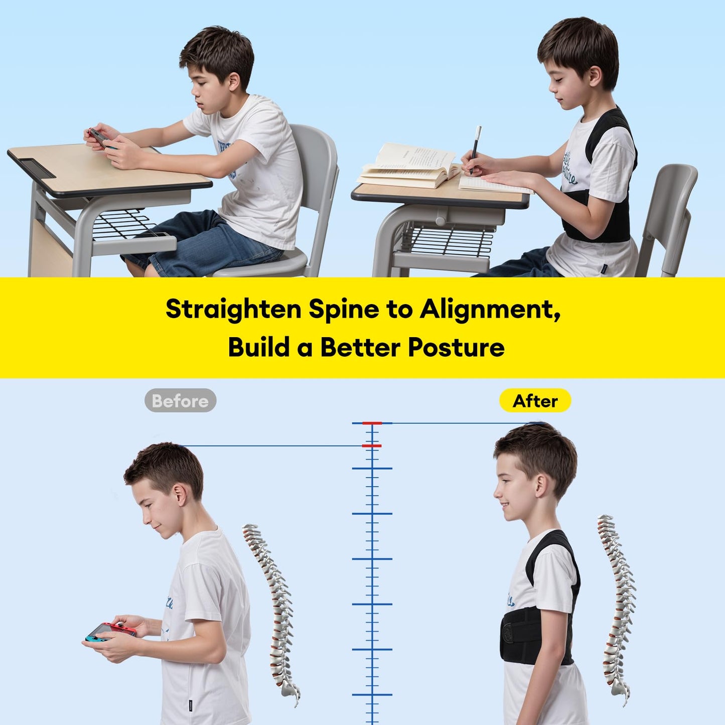babaka Posture Corrector for Kids and Teens Adjustable Full Back Support Brace, Scoliosis, Dowagers Hump, Hunchback, Spine Corrector Boys and Girls (Large, Waist: 23''-27'')