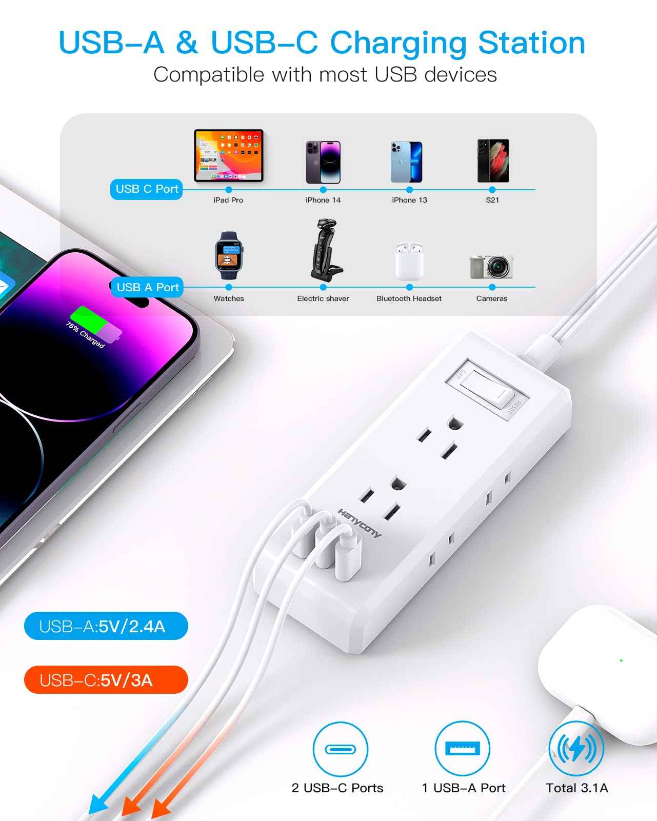 Extension Cord 10 ft, HANYCONY Flat Plug Power Strip with 6 Outlets and 3 USB Ports (2 USB C), Ultra-Thin Extension Cord, Wall Mountable, Long Cord for College Dorm Room, Office Home Essentials
