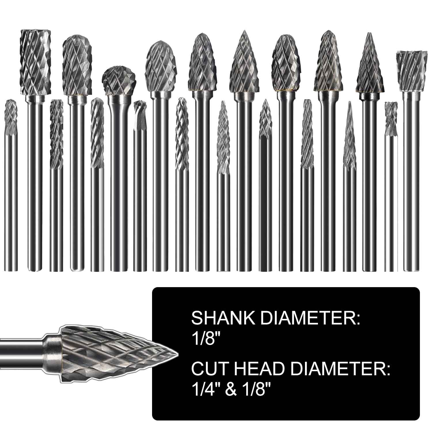 Asieg Tool 20 Pcs Carbide Die Grinder Burrs Bits 1/8" Shank for Dremel Milwaukee Metal Grinding Wood Stone Steel Carving Cutting Engraving Grinder Kit Attachment Rotary Tool Accessories Sets