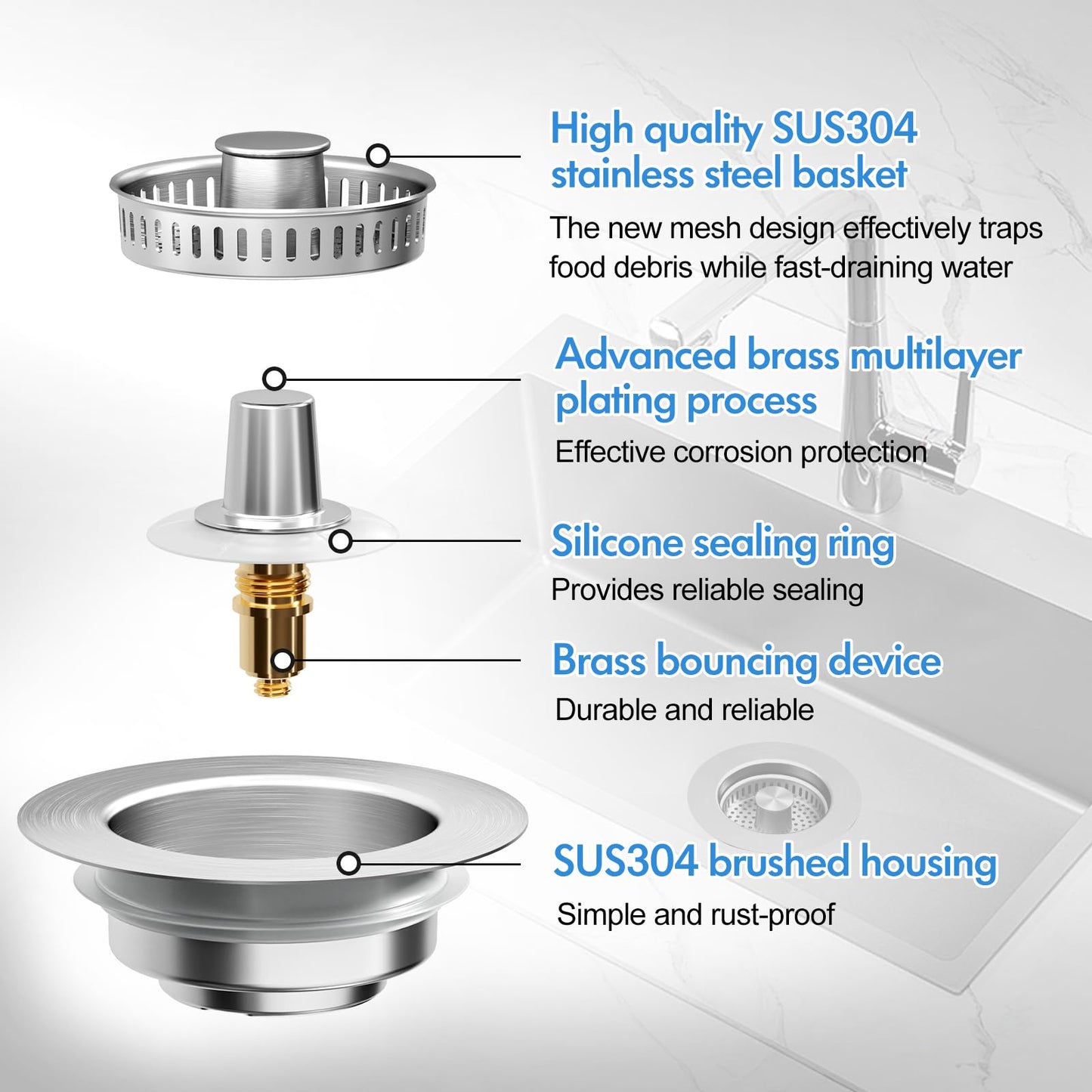 3 in 1 Kitchen Sink Drain Strainer & Sink Stopper, 304 Stainless Steel Pop Up Sink Drain Stopper with Anti-Clogging Basket for US Standard (Silver)