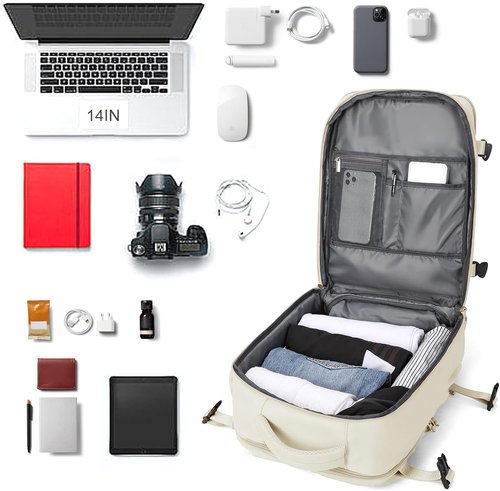 Coowoz Travel Backpack - Airline Approved, Waterproof Rucksack for Hiking & College | Fits 15.6 Inch Laptops - Beige