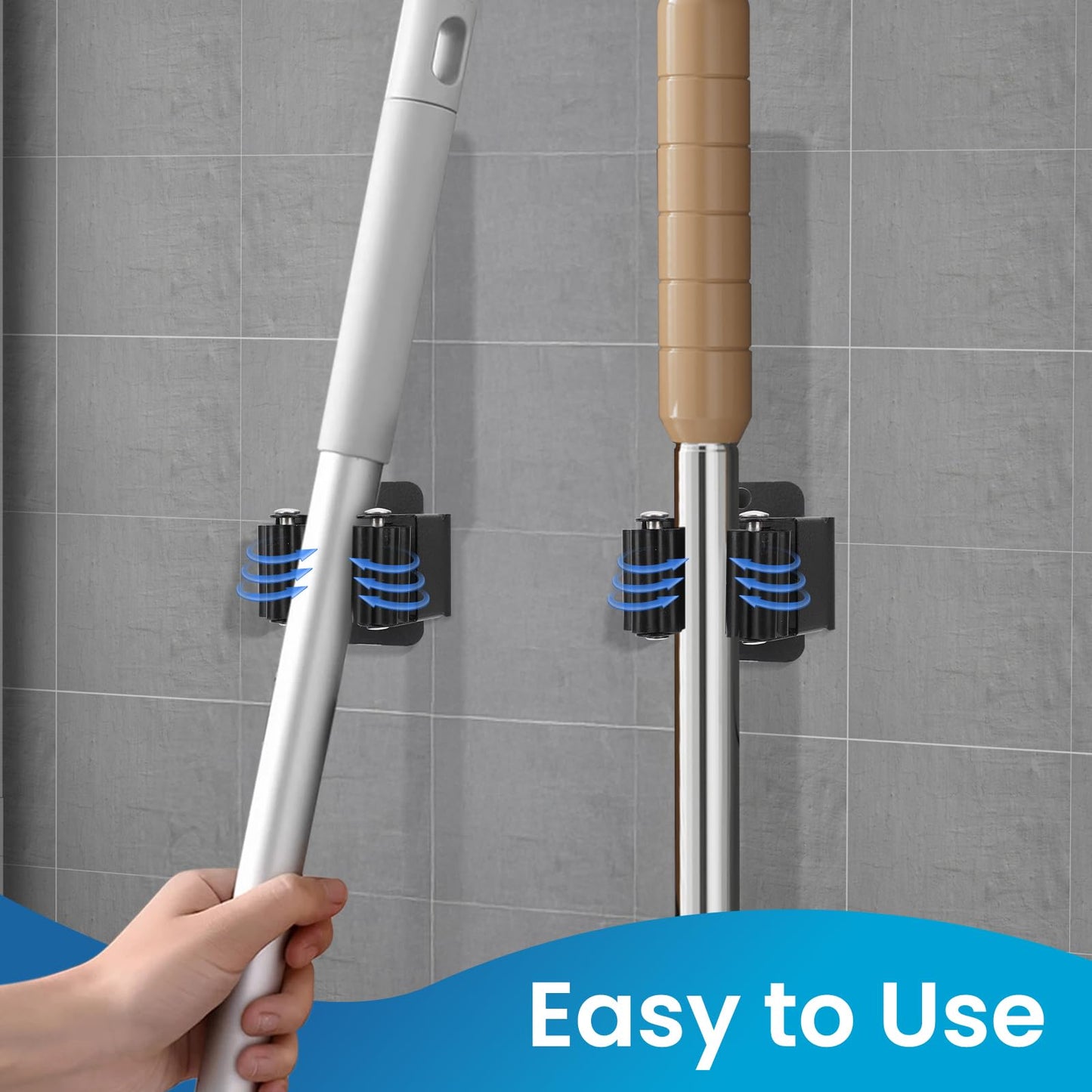 Yiows Broom Holder Wall Mount, 7PCS Broom Hanger Wall Mount, Stainless Steel Heavy Duty Mop Holder Broom Mop Hanger Wall with Screws, Garden Outdoor Tool Organizer Rack Broom Hanger (Black)