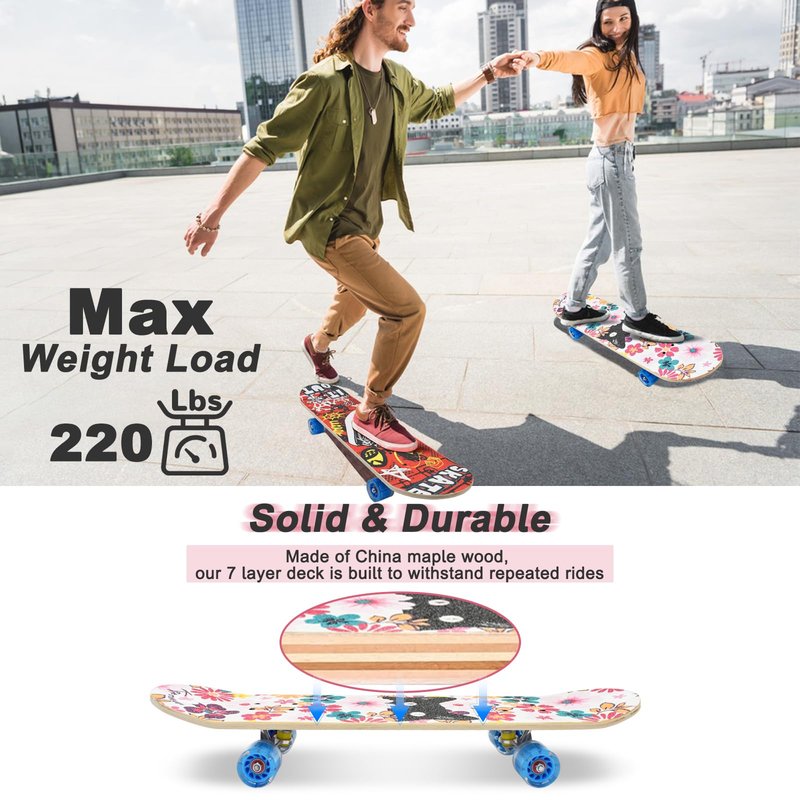 Kqpoinw Standard Skateboards with Colorful Flashing Wheels for Beginners, Kids,Teens, 7 Layer Maple Complete Skateboard for Girls Boys, 31" x 7.8" Double Kick Concave Kids skateboard with Skate T-Tool
