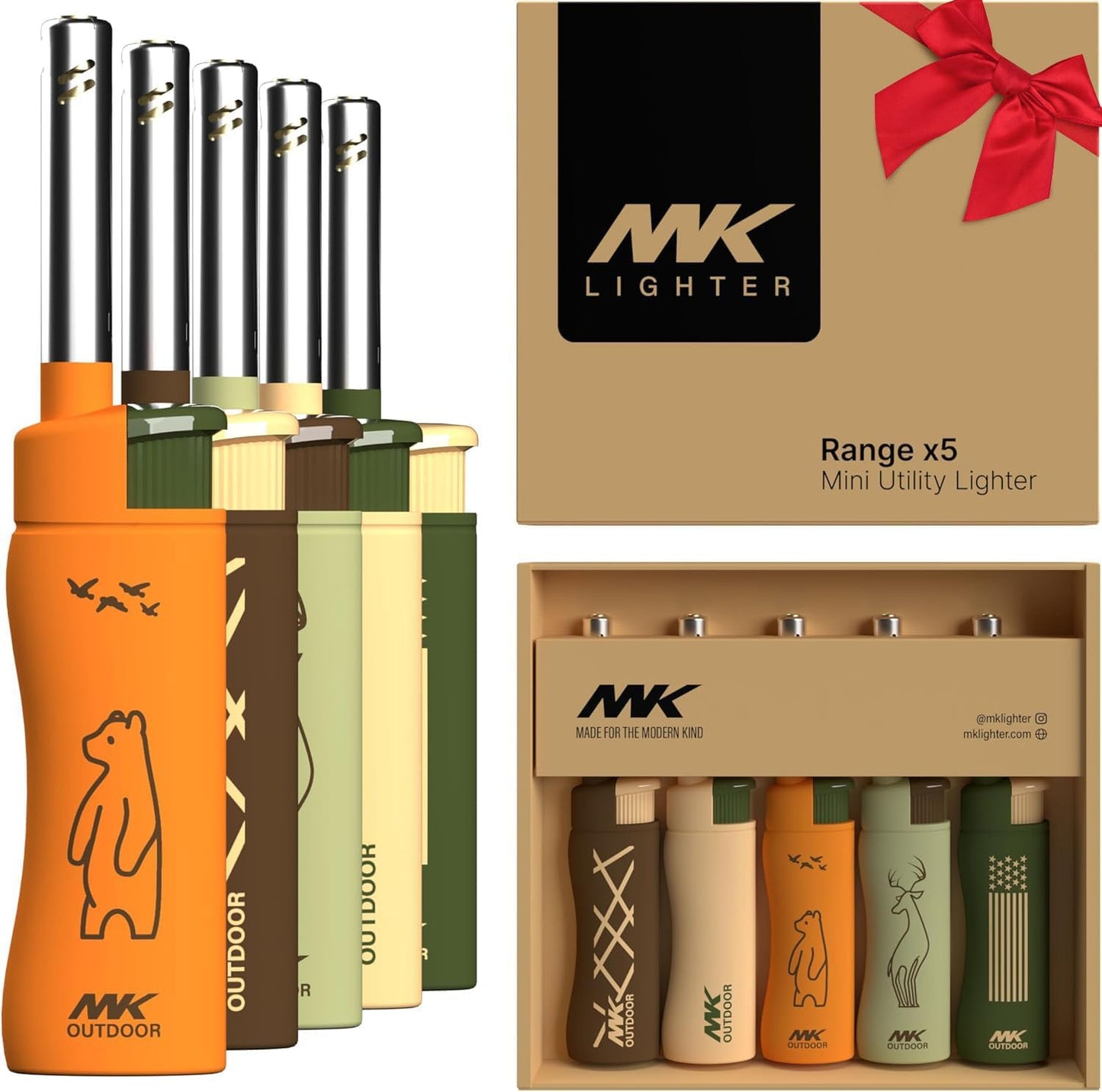 MK Lighter Outdoor Series - Windproof Torch Flame Candle Lighters | 5-Piece Set for BBQ & Camping